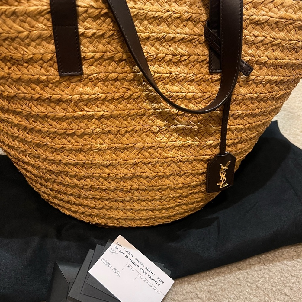 Yves Saint Laurent Tan and Black Woven Tote Bag
